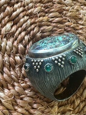 Chunky Silver Ring with Green Turquoise Cabochon